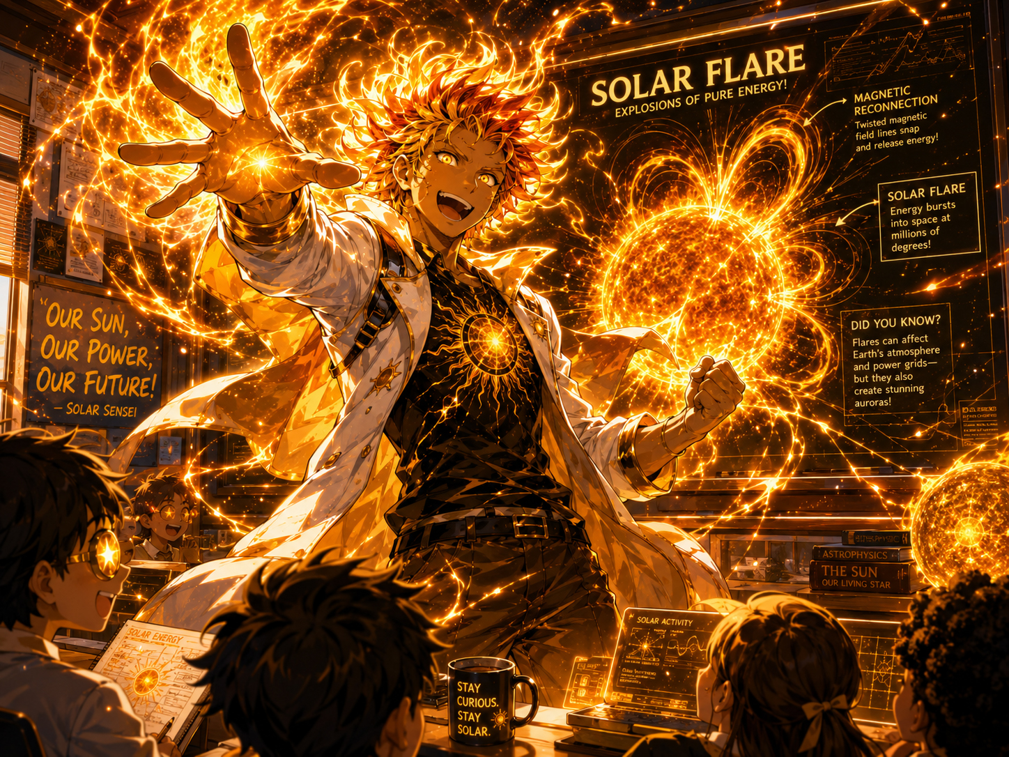 Captain Flare bursting into a SolDaily classroom with plasma fire, solar flare energy, and dramatic manga motion lines