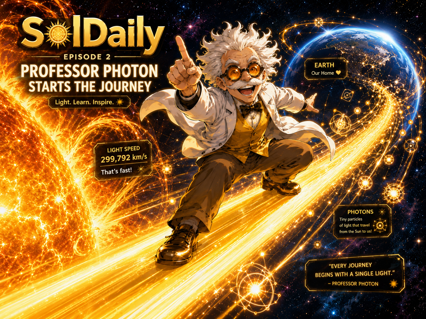 Professor Photon riding a beam of light from the Sun toward Earth