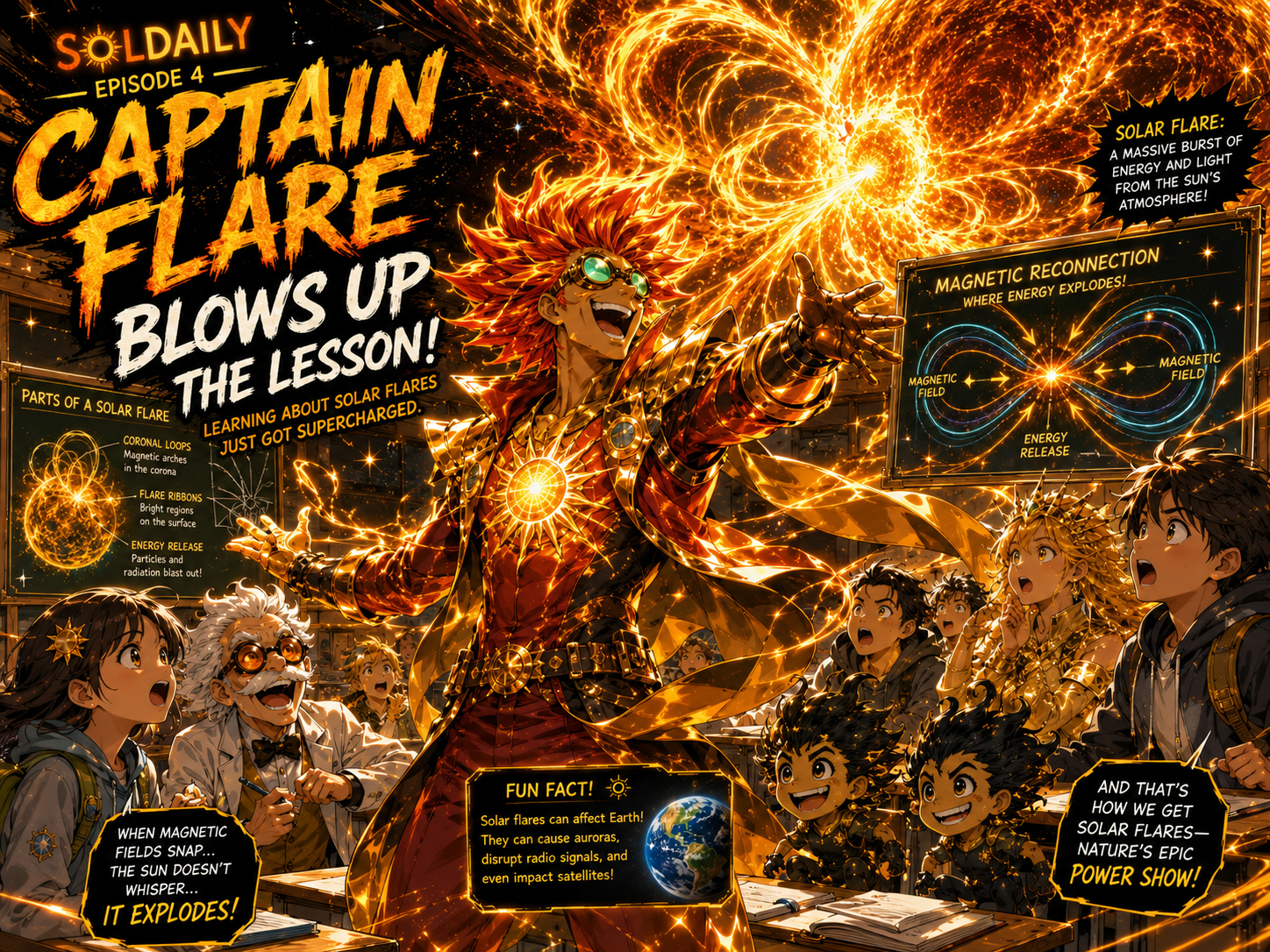 Captain Flare exploding into the classroom with solar flare energy