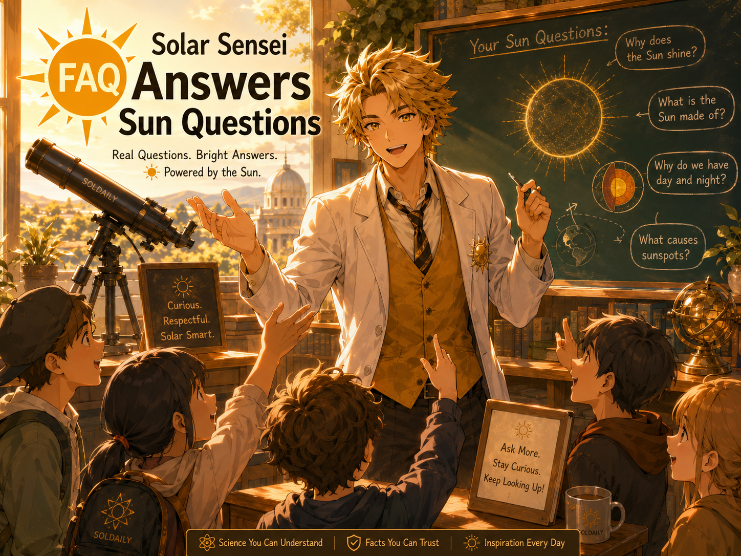 Solar Sensei answering SolDaily questions with The Solar Man, Professor Photon, PV Boy, and Earth Girl Terra nearby