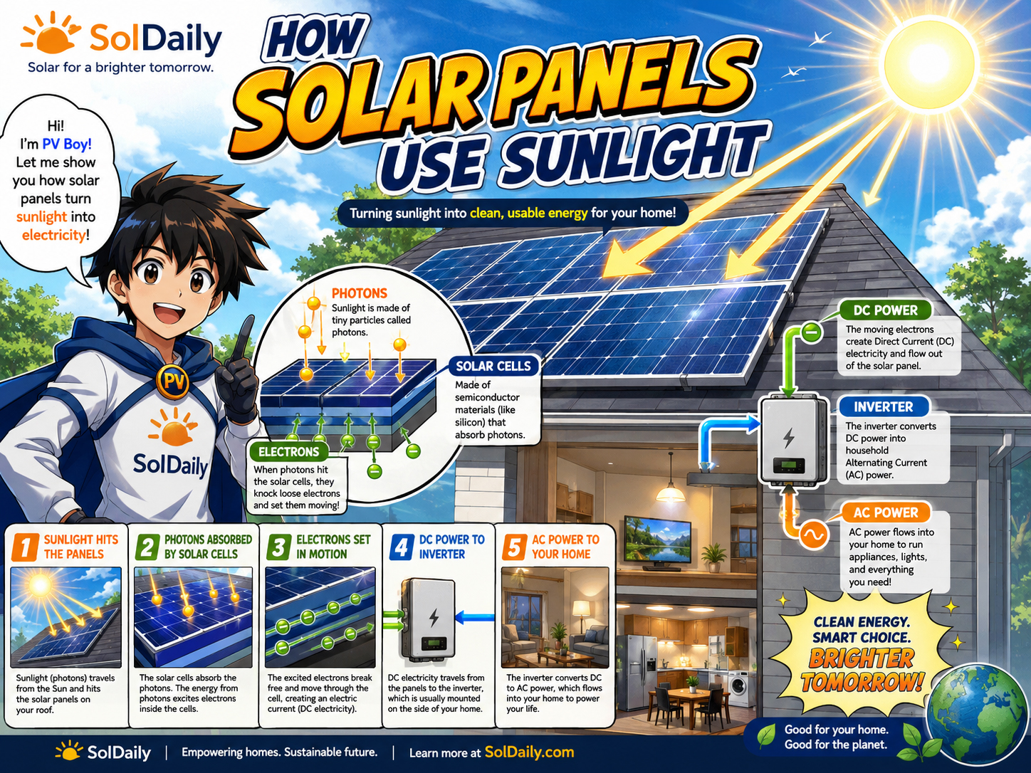 PV Boy and Professor Photon explaining how solar panels turn sunlight into electricity