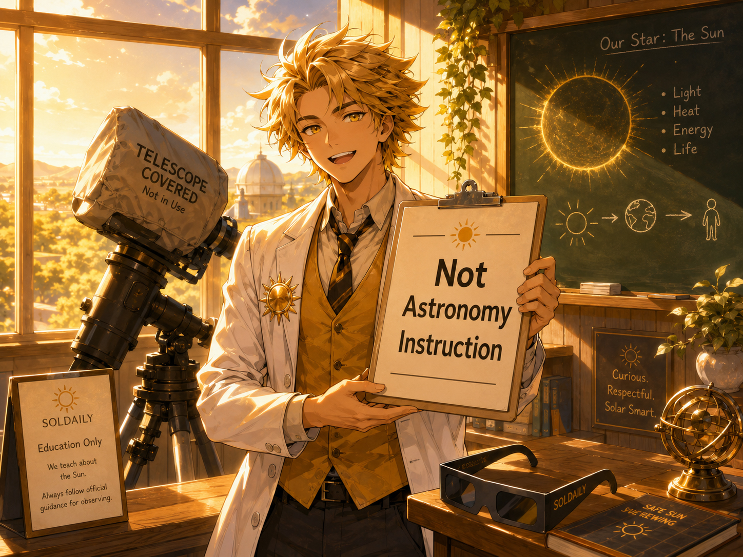 Solar Sensei explaining that SolDaily is educational solar science, not telescope training or professional astronomy instruction