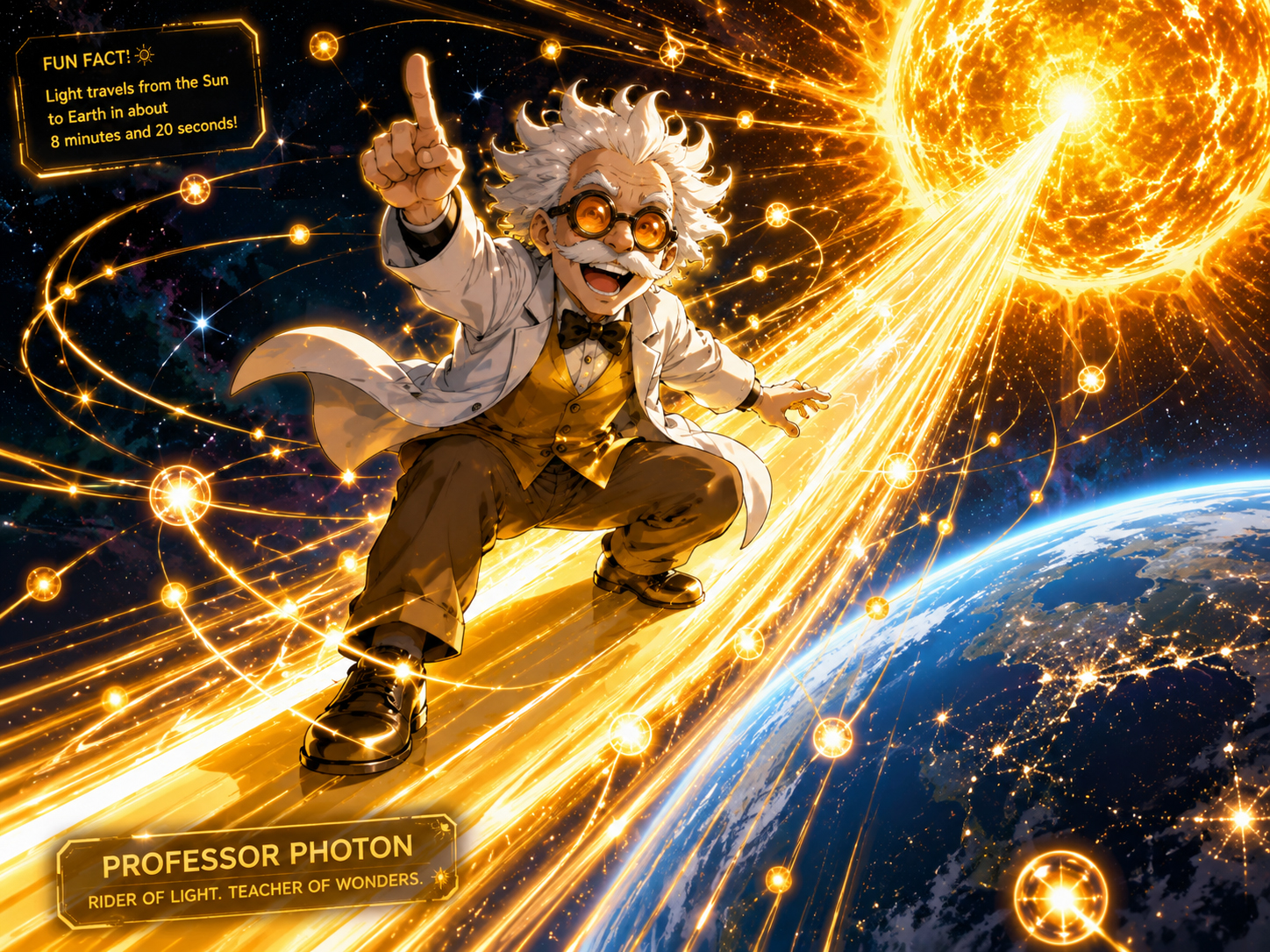 Professor Photon rides a light beam