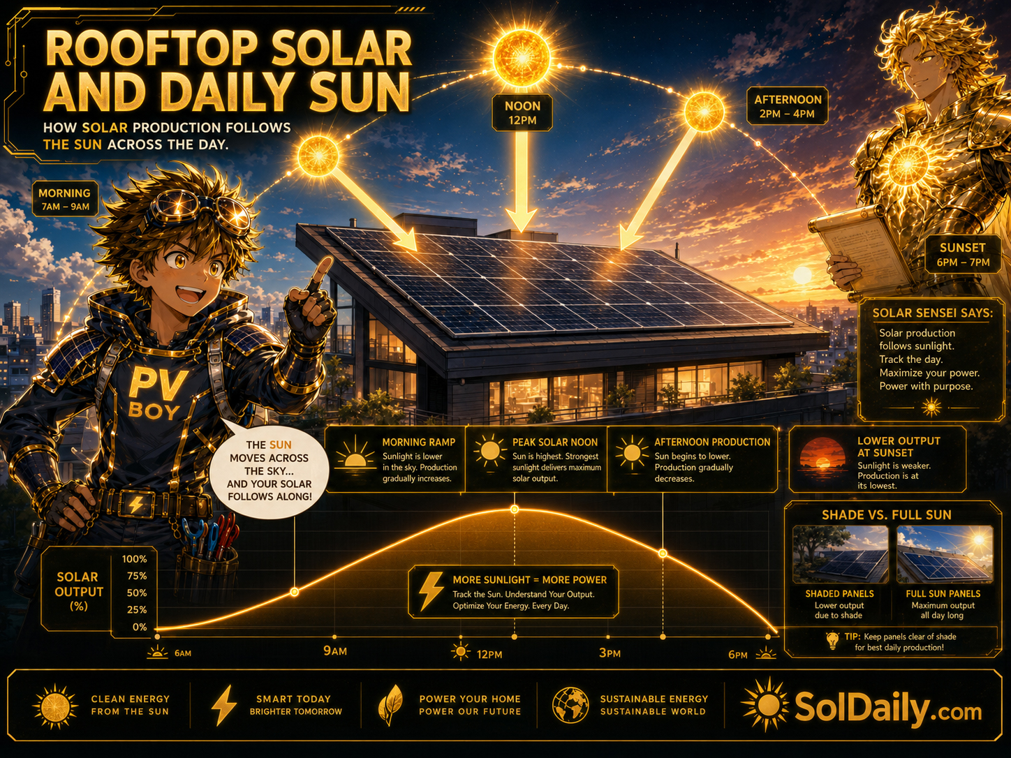 PV Boy and Earth Girl Terra studying a rooftop solar production curve from sunrise to sunset with shade, clouds, and battery timing