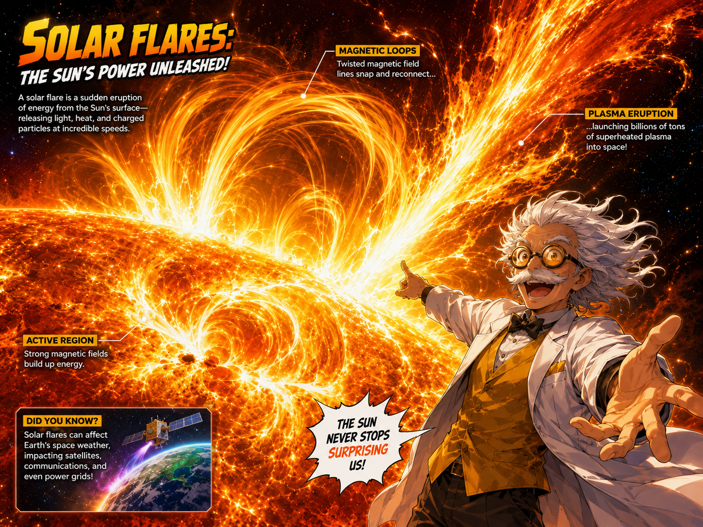 Captain Flare erupting beside a dramatic solar flare and magnetic loops on the Sun