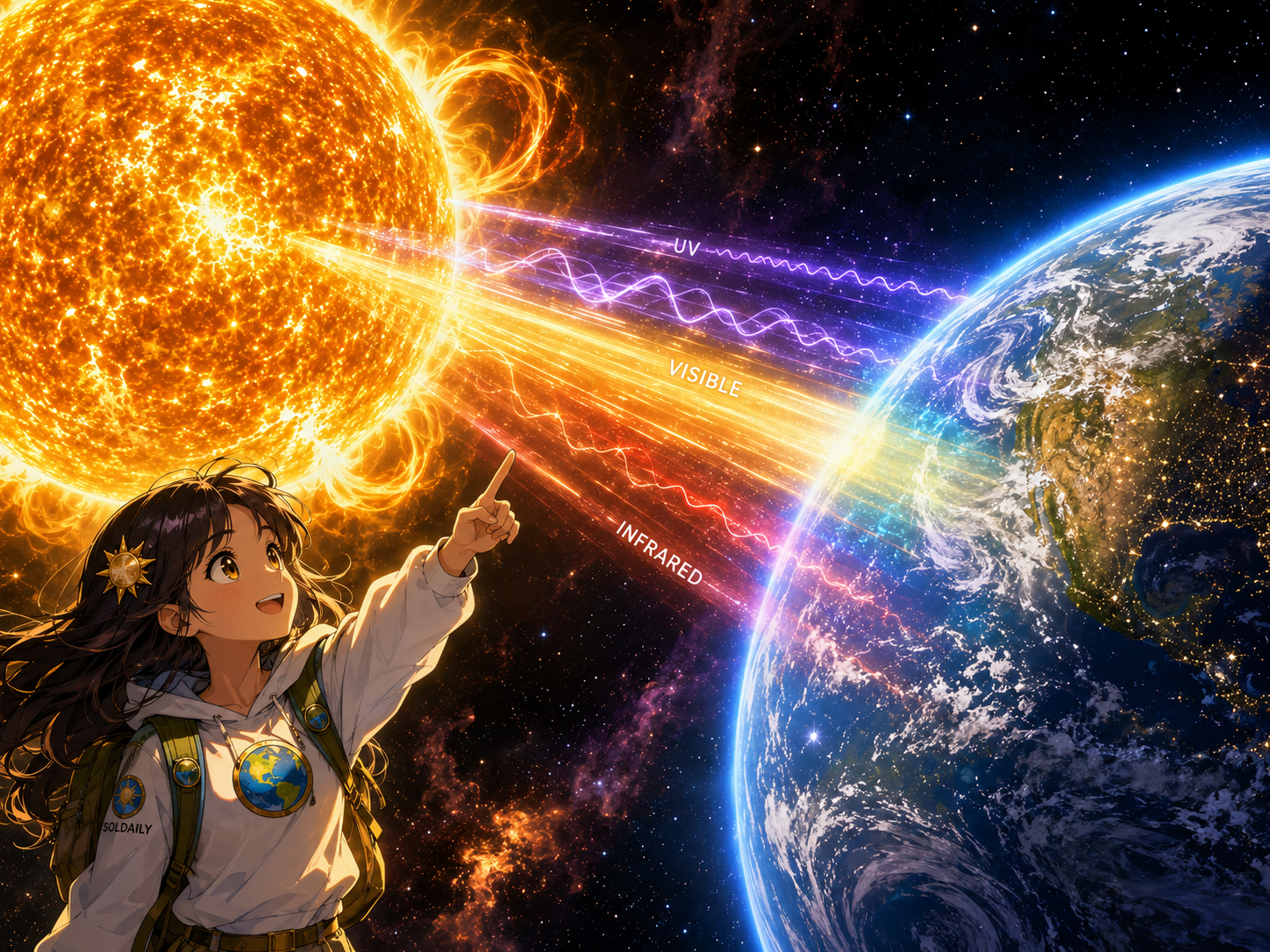 Manga-style solar radiation traveling from the Sun to Earth as visible light, infrared, and ultraviolet energy