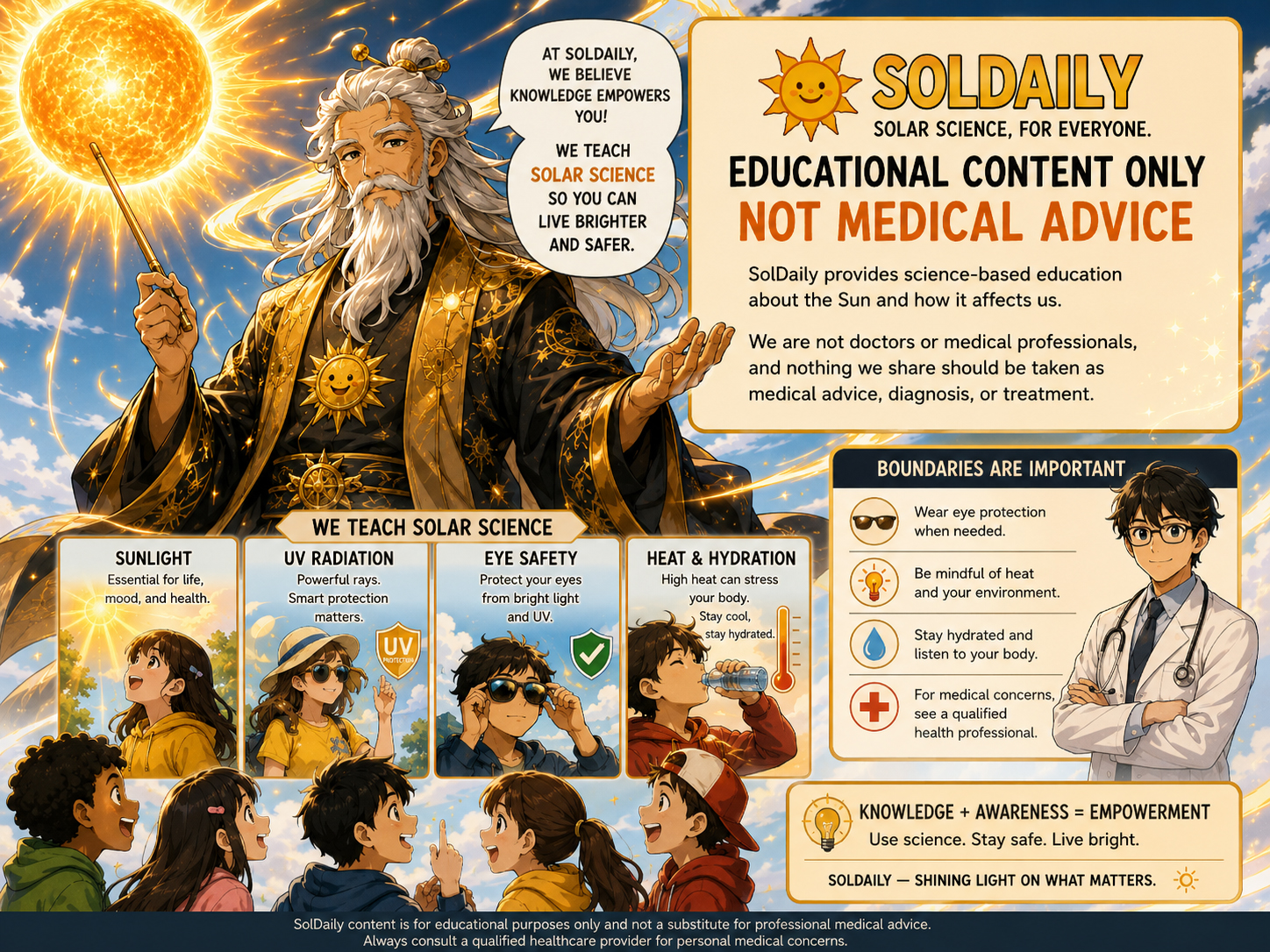 Solar Sensei and Professor Photon explaining that solar science education is not medical advice, with sunlight, UV, eye safety, and health caution symbols