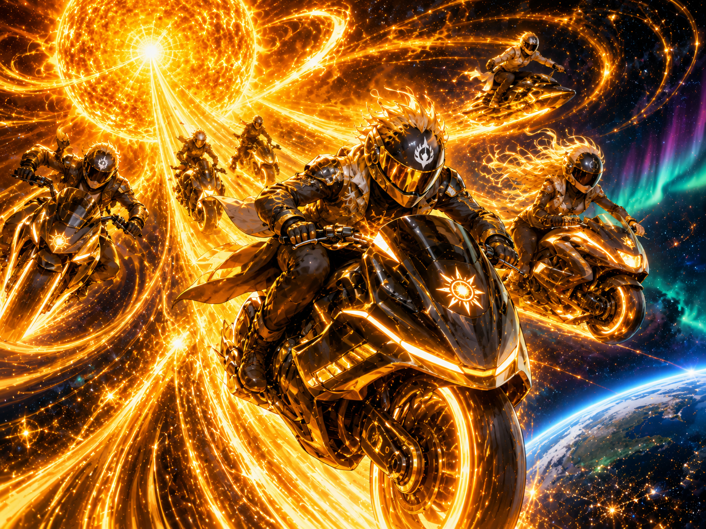 The Solar Wind Riders, manga cosmic bikers riding charged particles and glowing plasma streams from the Sun through space