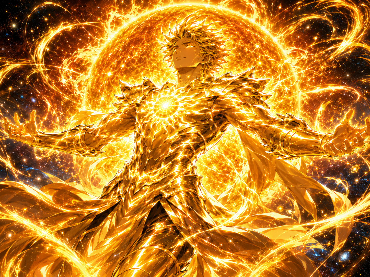 The Solar Man in golden transformation before the Sun