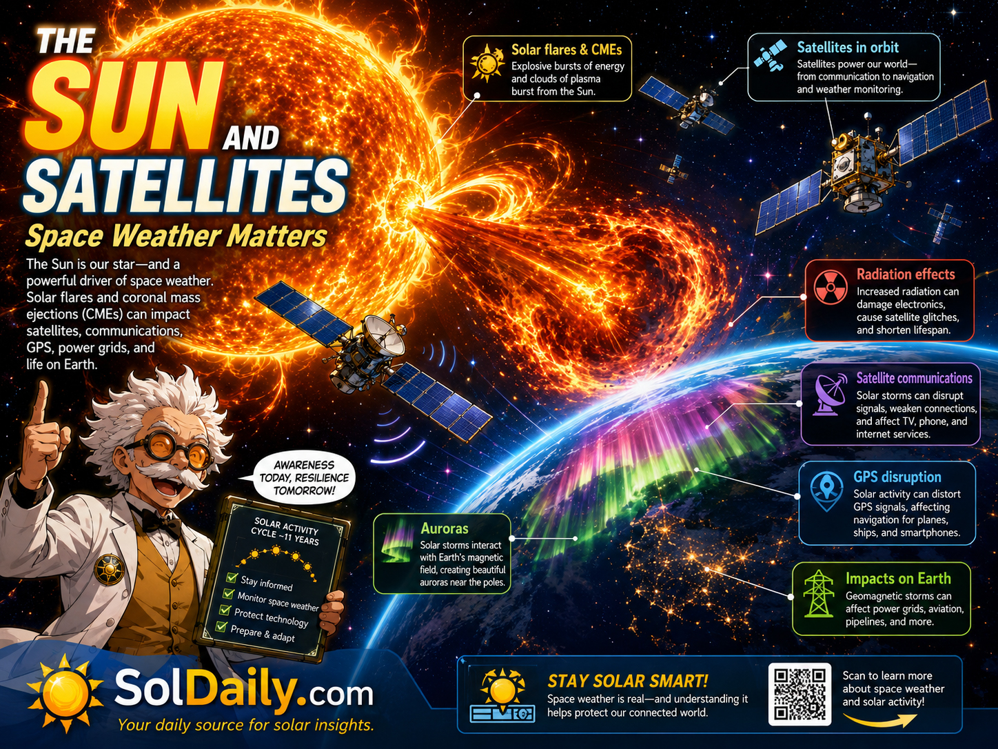 Manga-style satellite using solar panels while solar wind, flares, and space weather flow from the Sun