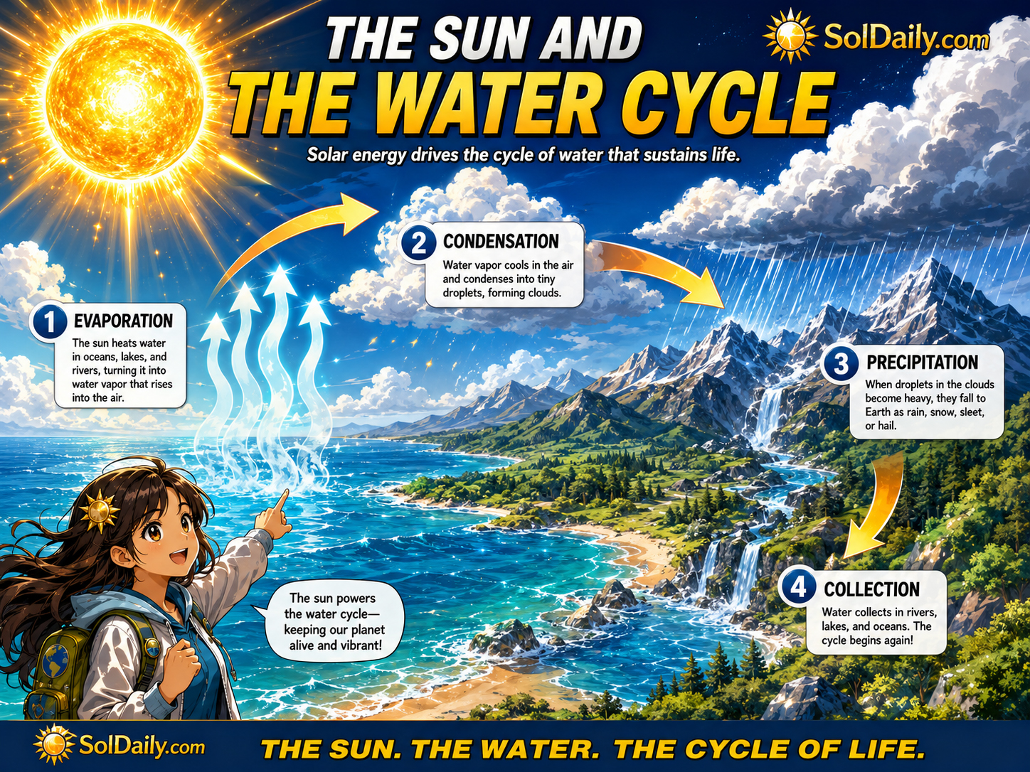 Manga-style water cycle showing sunlight evaporating ocean water, forming clouds, rain, rivers, groundwater, crops, and solar panels